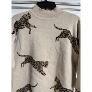 Tan Sweater Leaping Cheetah Accent Women's Small Mock Neck